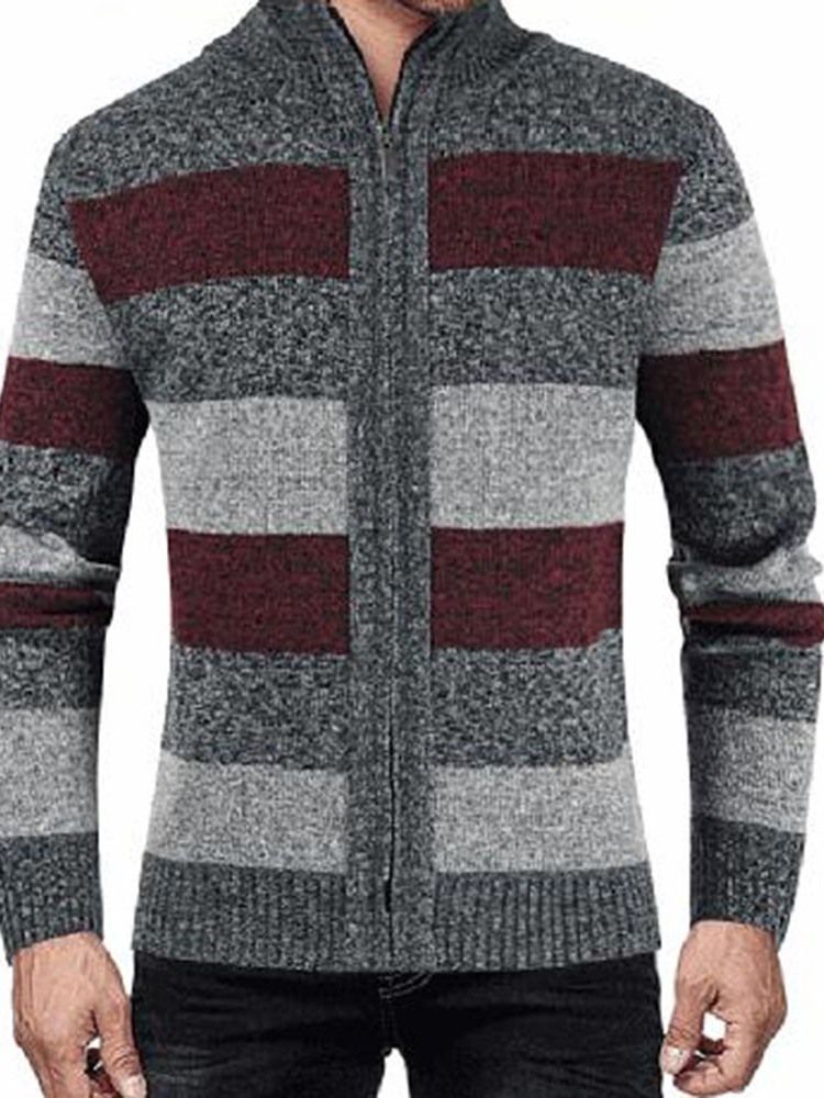 Herre Standard Stand Collar Stripe Slim Fall Sweater