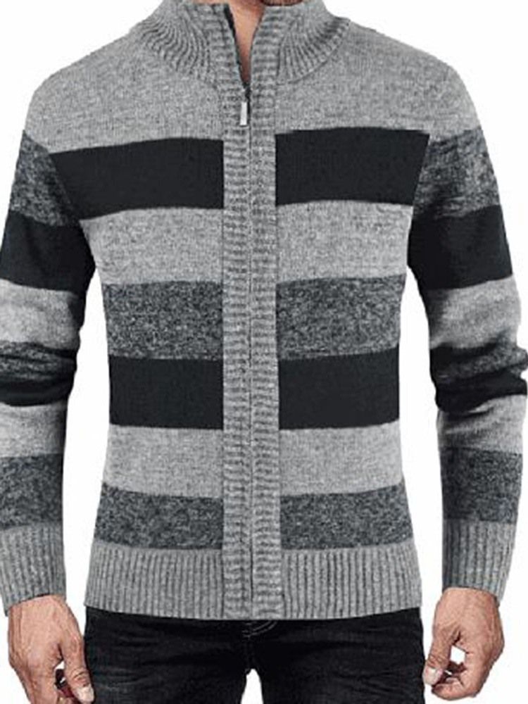 Herre Standard Stand Collar Stripe Slim Fall Sweater