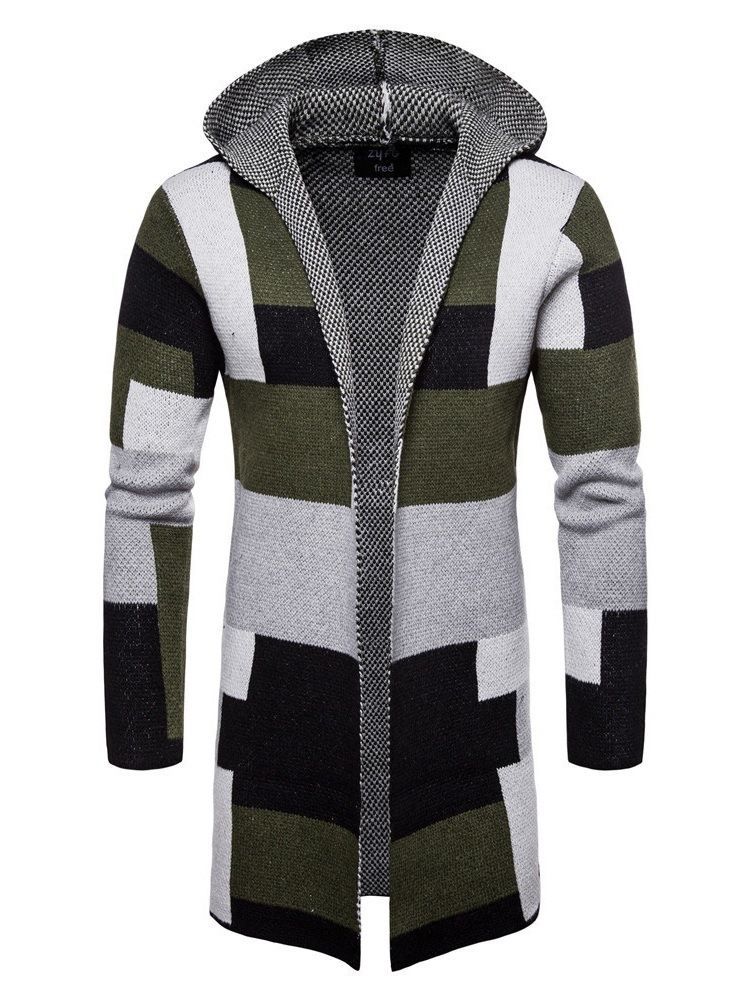 Patchwork Mid-length Hooded Mens Winter Cardigan Sweater