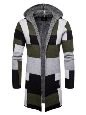 Patchwork Mid-length Hooded Mens Winter Cardigan Sweater