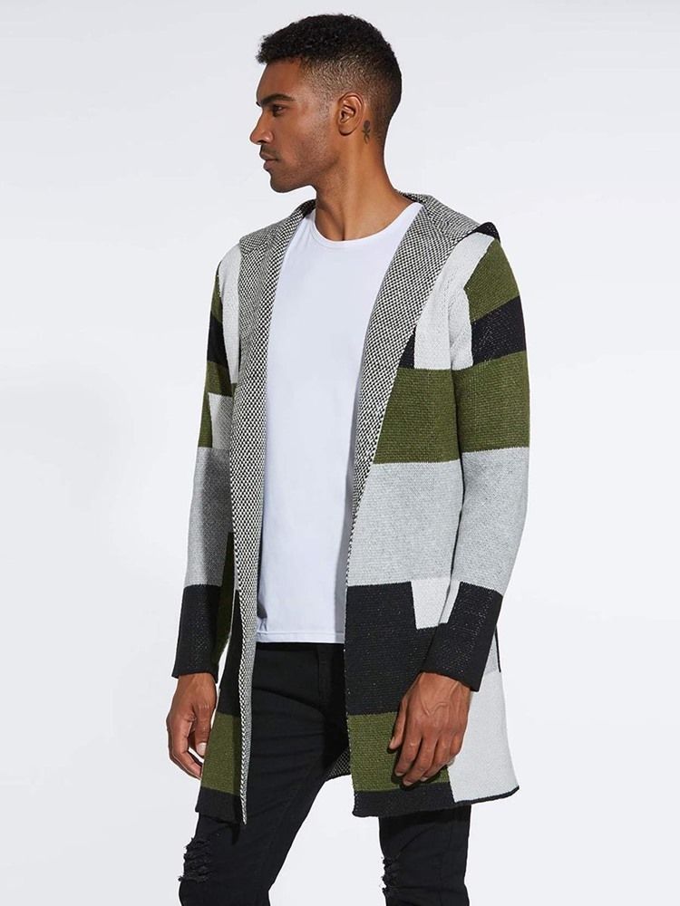 Patchwork Mid-length Hooded Mens Winter Cardigan Sweater