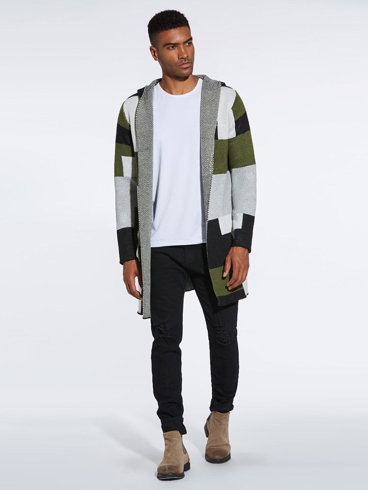 Patchwork Mid-length Hooded Mens Winter Cardigan Sweater