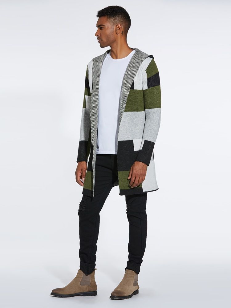 Patchwork Mid-length Hooded Mens Winter Cardigan Sweater