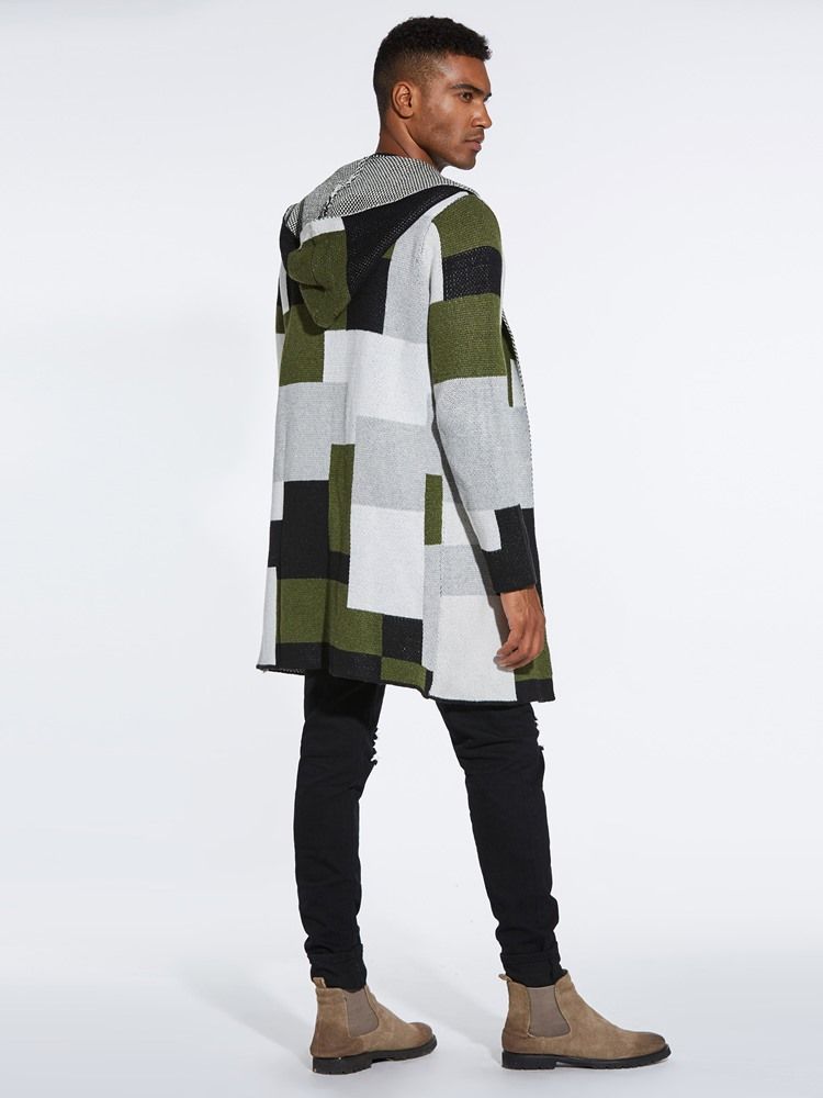 Patchwork Mid-length Hooded Mens Winter Cardigan Sweater