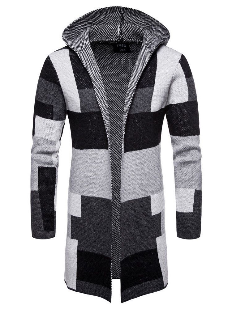 Patchwork Mid-length Hooded Mens Winter Cardigan Sweater