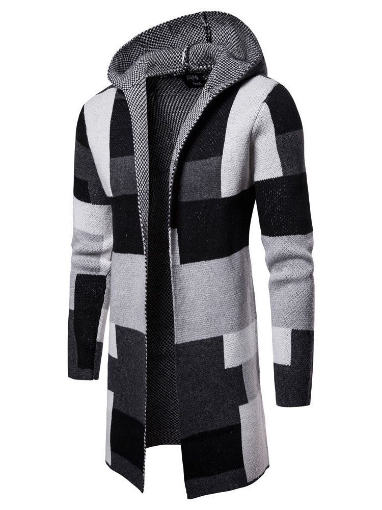 Patchwork Mid-length Hooded Mens Winter Cardigan Sweater