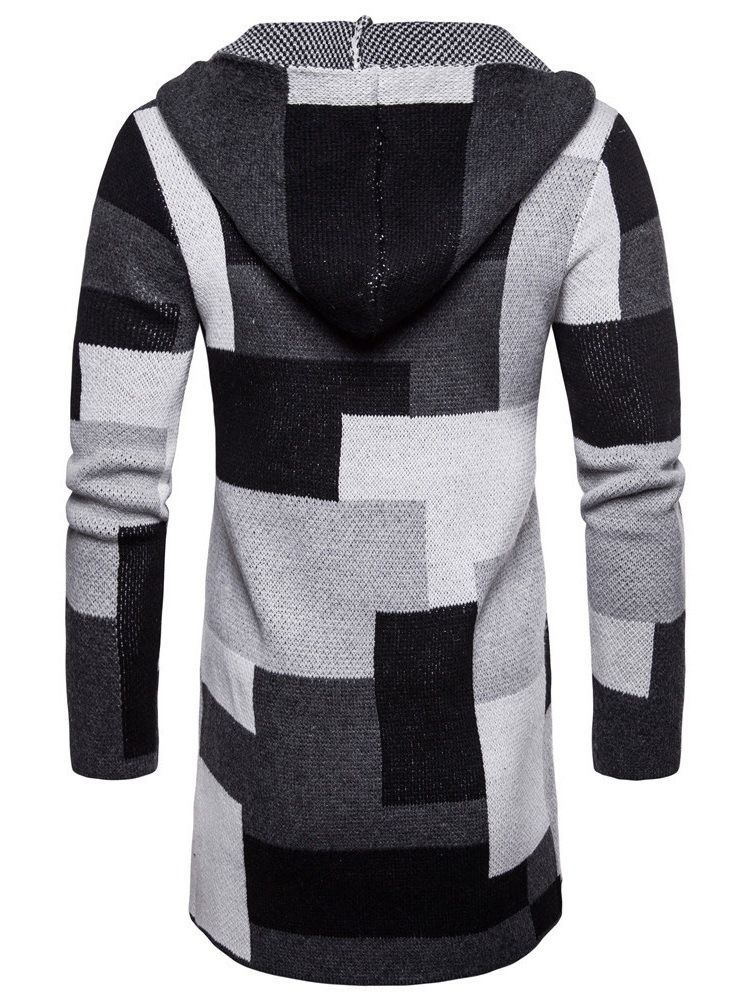 Patchwork Mid-length Hooded Mens Winter Cardigan Sweater