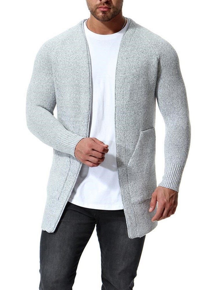 Plain Slim Herre Casual Cardigan Med Lommer