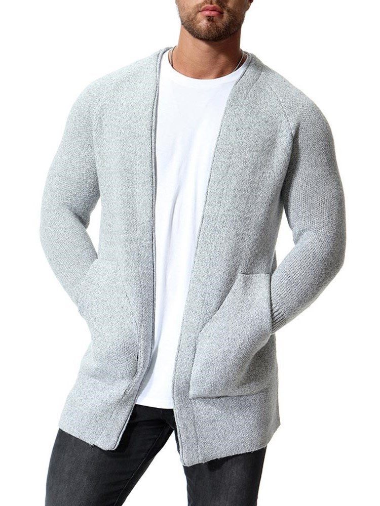 Plain Slim Herre Casual Cardigan Med Lommer