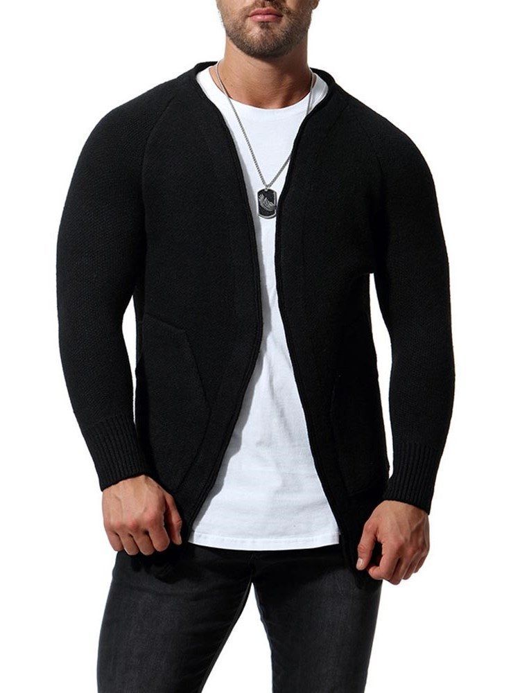 Plain Slim Herre Casual Cardigan Med Lommer