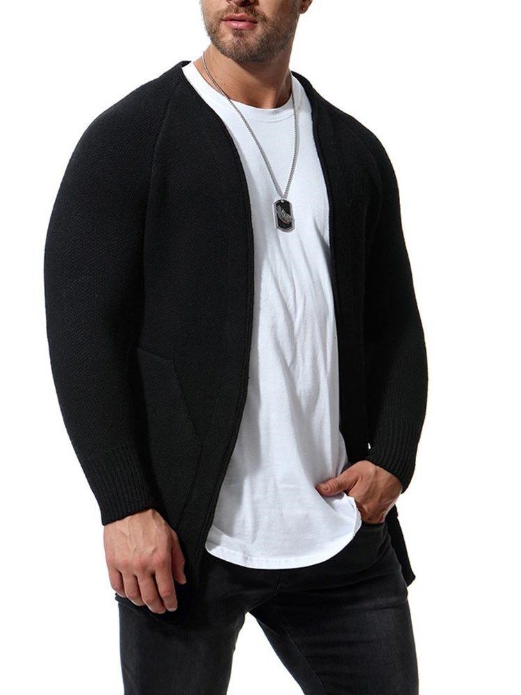 Plain Slim Herre Casual Cardigan Med Lommer