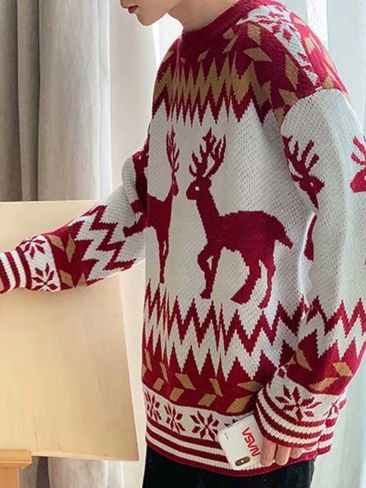 Rund Hals Animal Loose Winter Herre Sweater