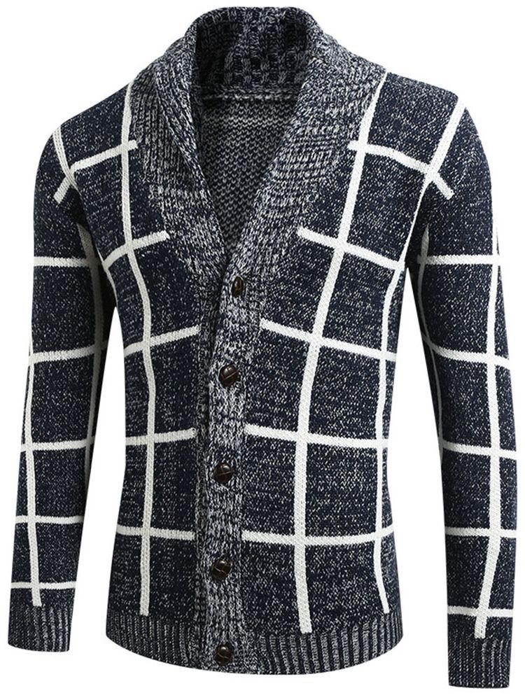 Standard Lapel Plaid Mænds Casual Fall Sweater