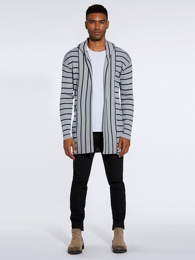 Striped Hooded Fall Herre Casual Cardigan Sweatere