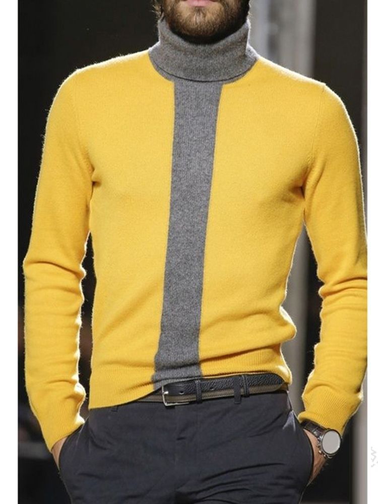 Turtleneck Color Block Standard Winter Casual Herre Sweater