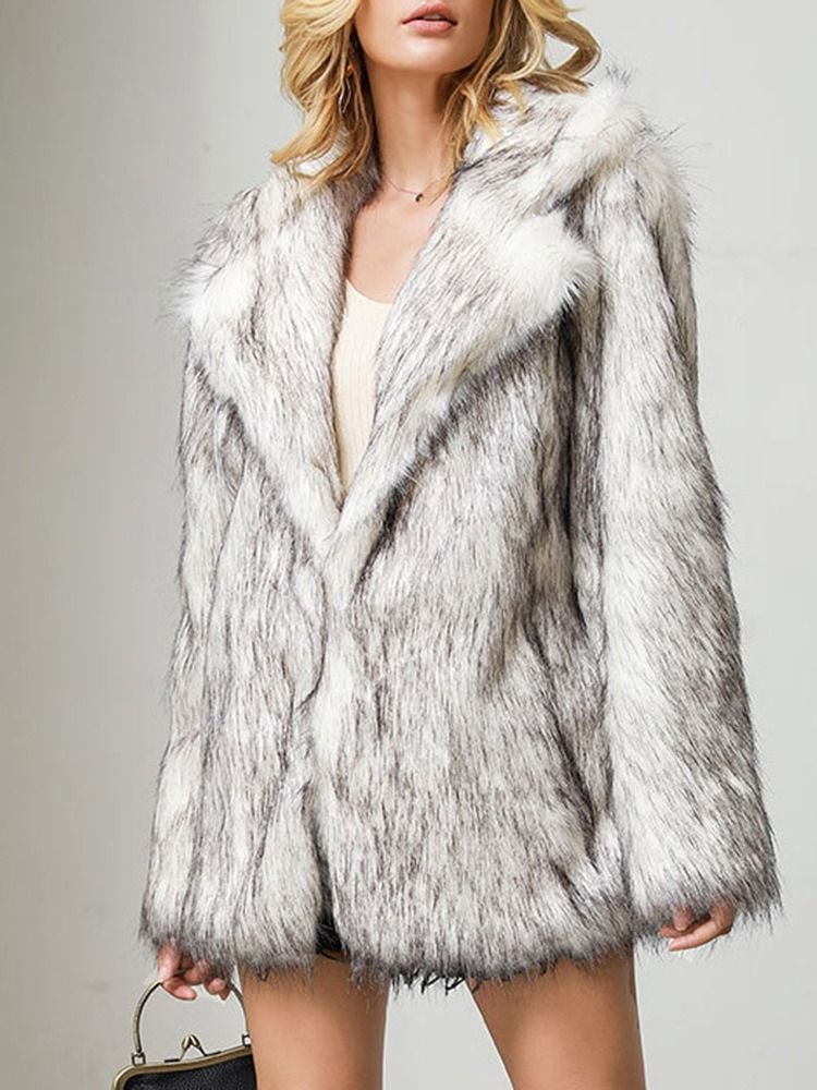 Kvinders Revers Mid-længde Regular Winter Loose Faux Fur Overcoat