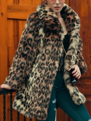 Revers Mid-length Leopard Winter Loose Women's Faux Fur Overcoat