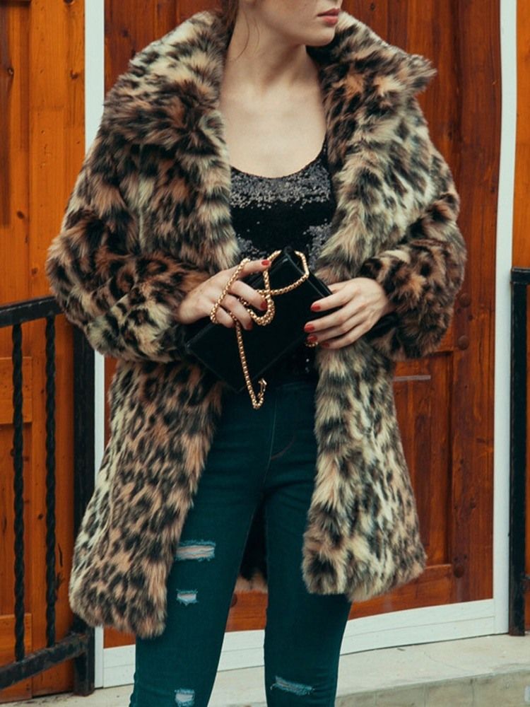 Revers Mid-length Leopard Winter Loose Women's Faux Fur Overcoat