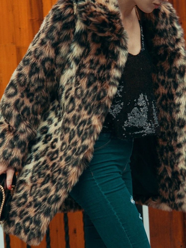 Revers Mid-length Leopard Winter Loose Women's Faux Fur Overcoat