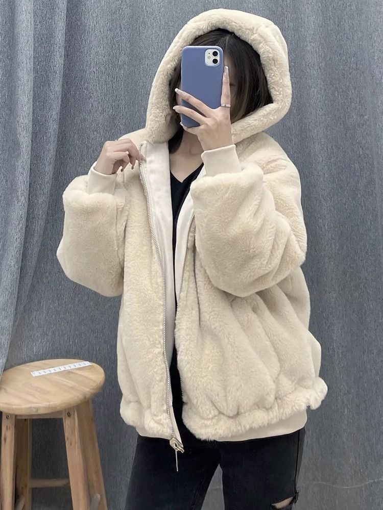 Standard Plain Regular Fall Loose Kvinders Faux Fur Overcoat