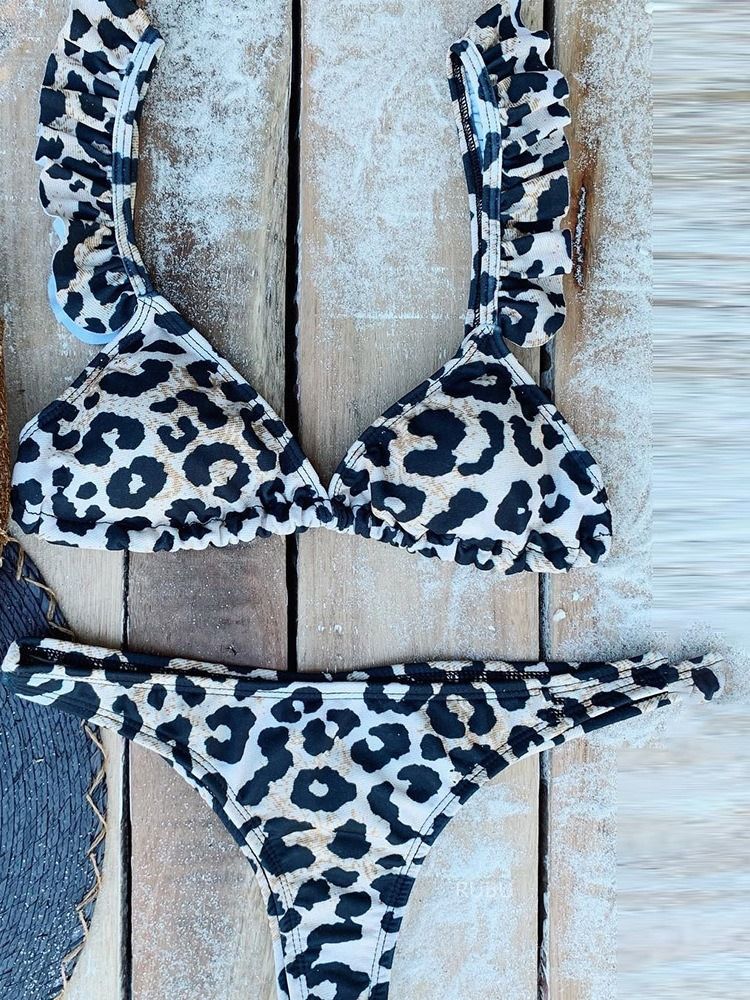 Kvinders Falbala Leopard Bikini Sæt Badetøj