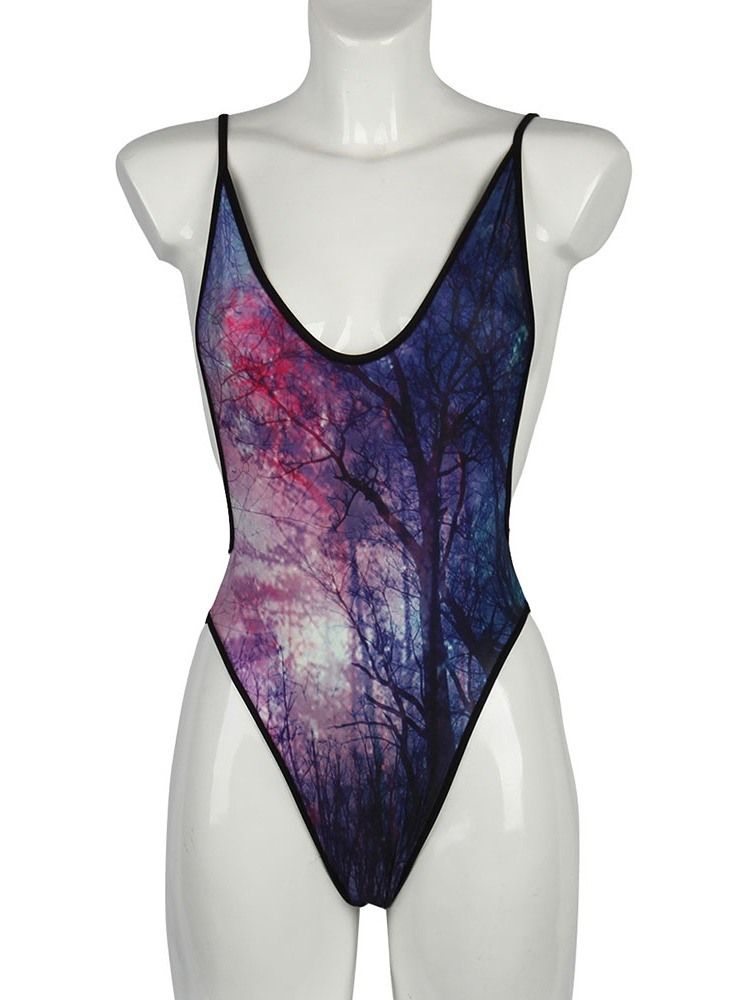 Kvinders Print Plant Backless Lace-up Badetøj