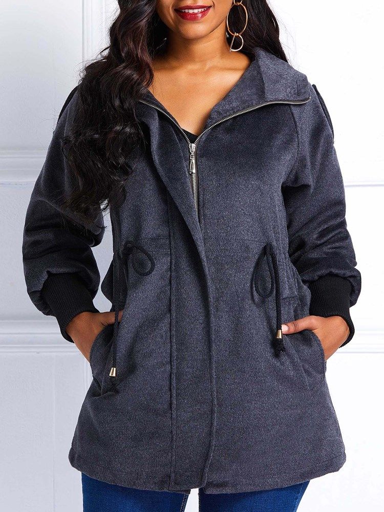 Kvinder Straight Lynlås Fall Hooded Overcoat