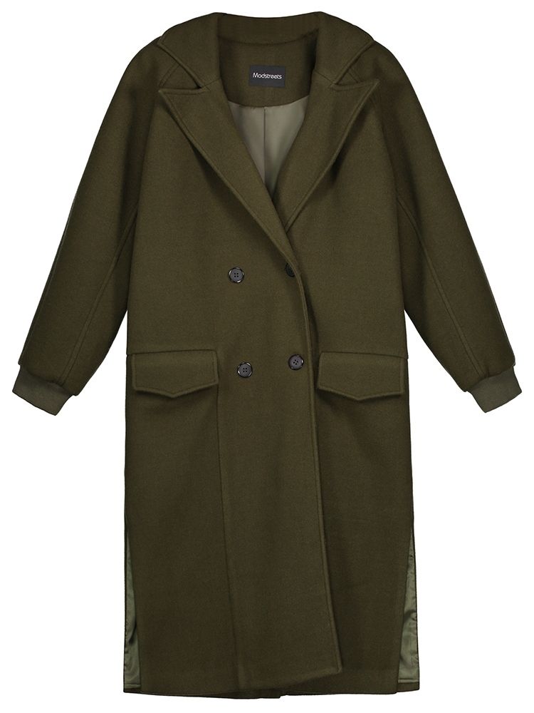 Notched Revers Double-breasted Plain Women's Overcoat