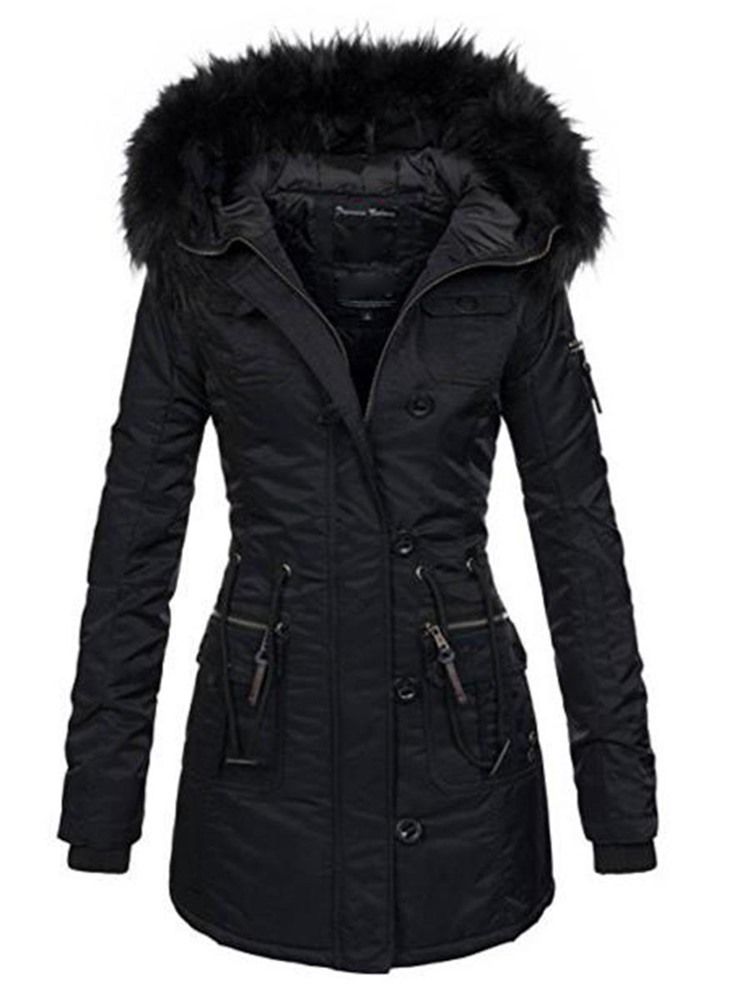 Plain Mid-length Slim Hooded Women's Coat