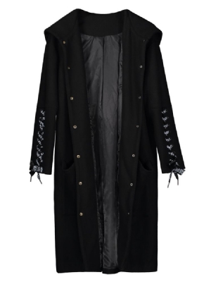 Single-breasted Lace-up Long Hooded Women's Overcoat