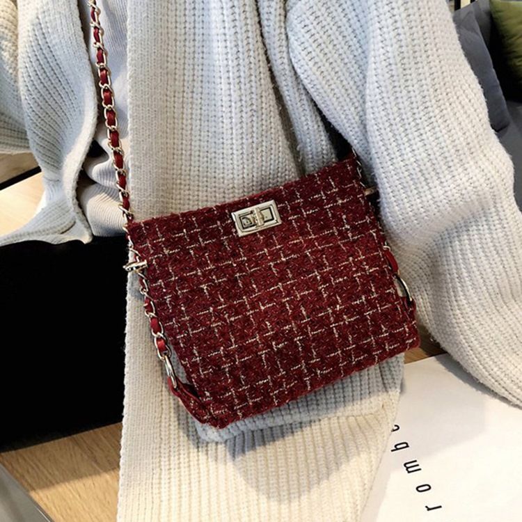 Plaid Strikket Uldblandinger Rektangel Crossbody Tasker