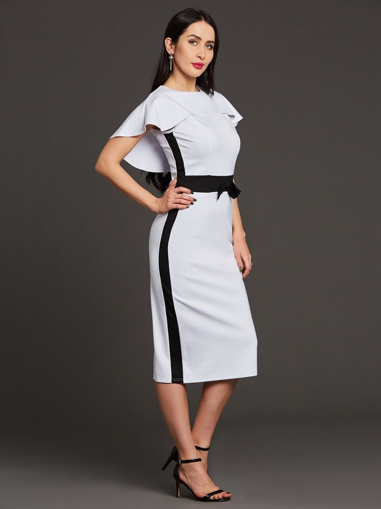 Color Block Batwing Sleeve Bowknot Women's Sheath Cape Dress