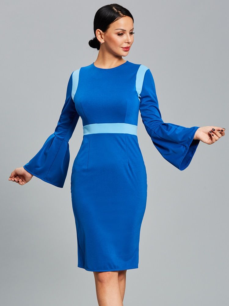 Color Block Flare Sleeve Women's Sheath Dress