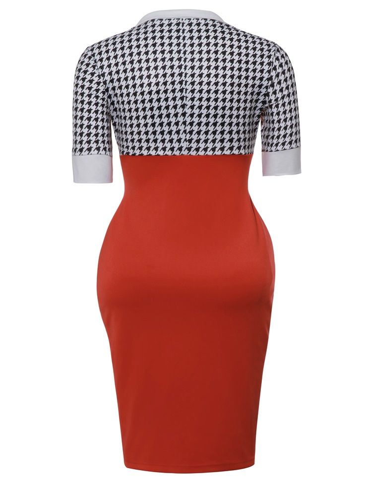 Kvinder Plaid Halv Ærmer Farveblok Med Side Slit Bodycon Kjole