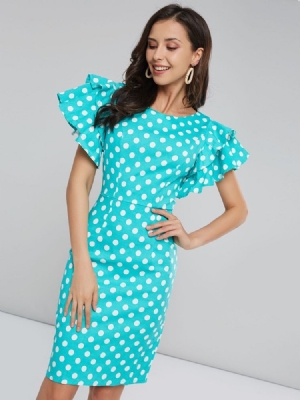 Kvinder Polka Dots Petal Ærme Knælang Bodycon Kjole