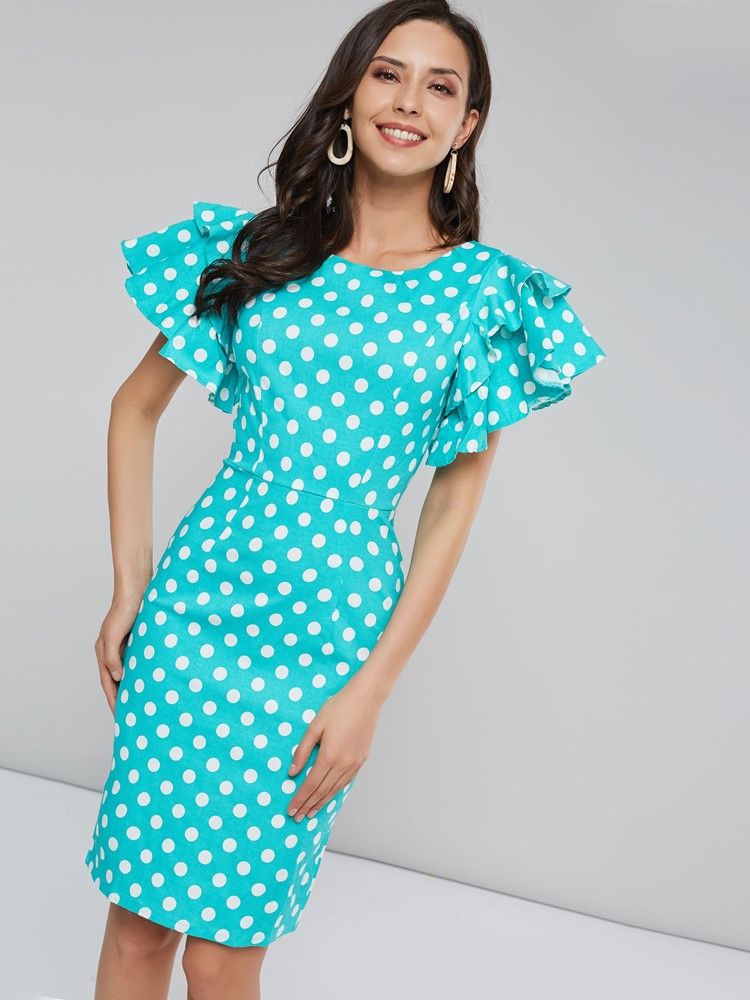 Kvinder Polka Dots Petal Ærme Knælang Bodycon Kjole