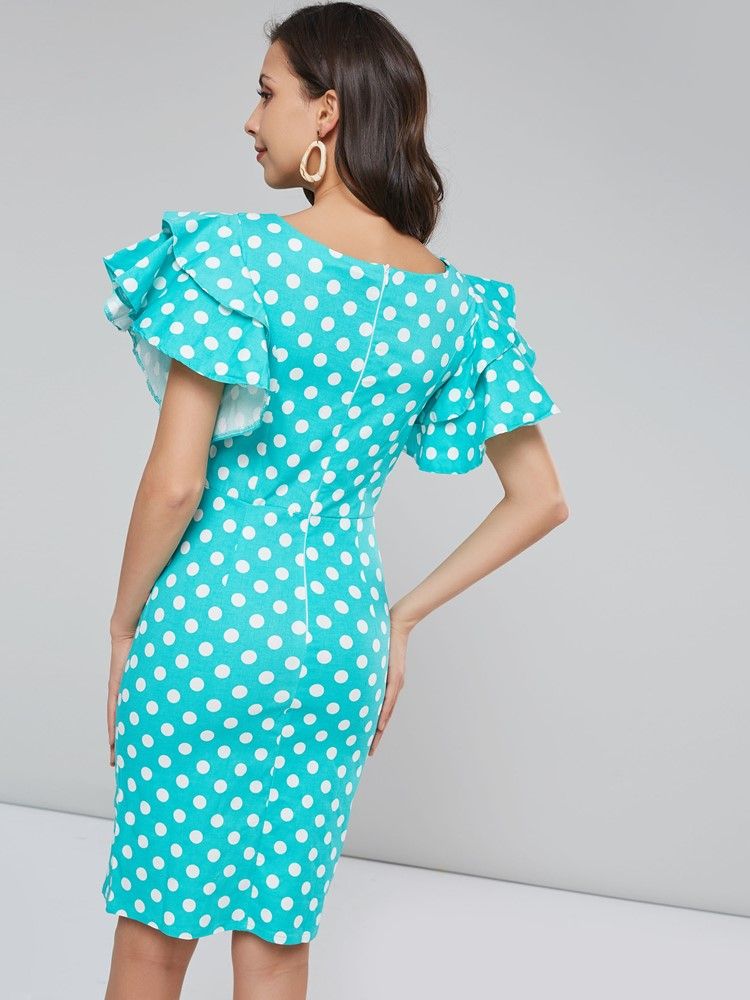 Kvinder Polka Dots Petal Ærme Knælang Bodycon Kjole