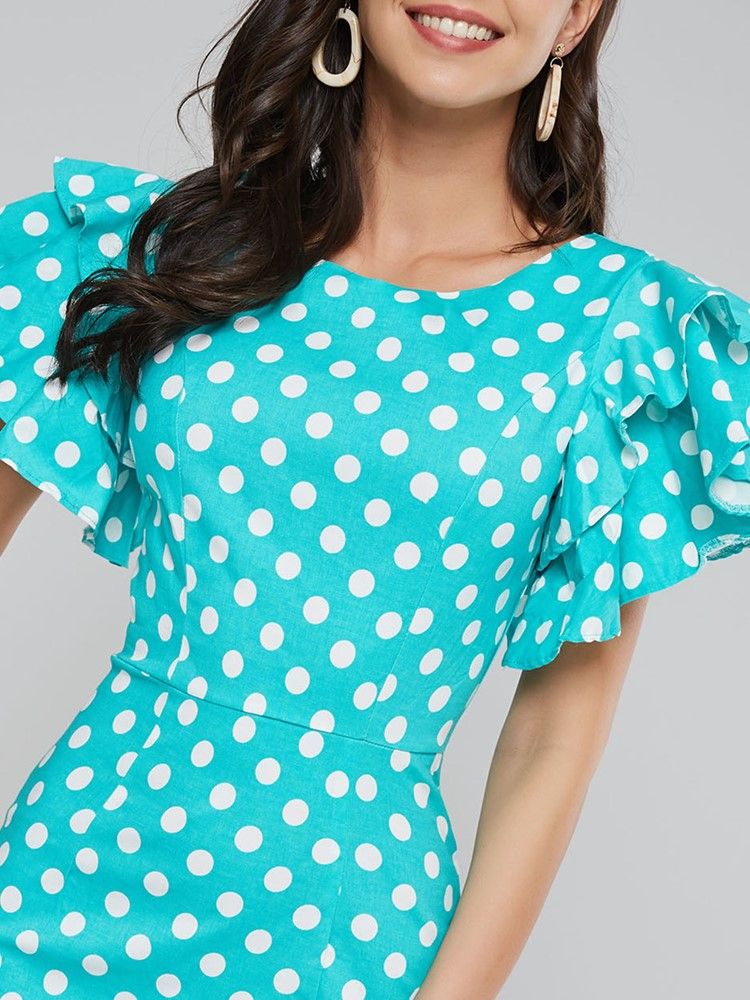 Kvinder Polka Dots Petal Ærme Knælang Bodycon Kjole