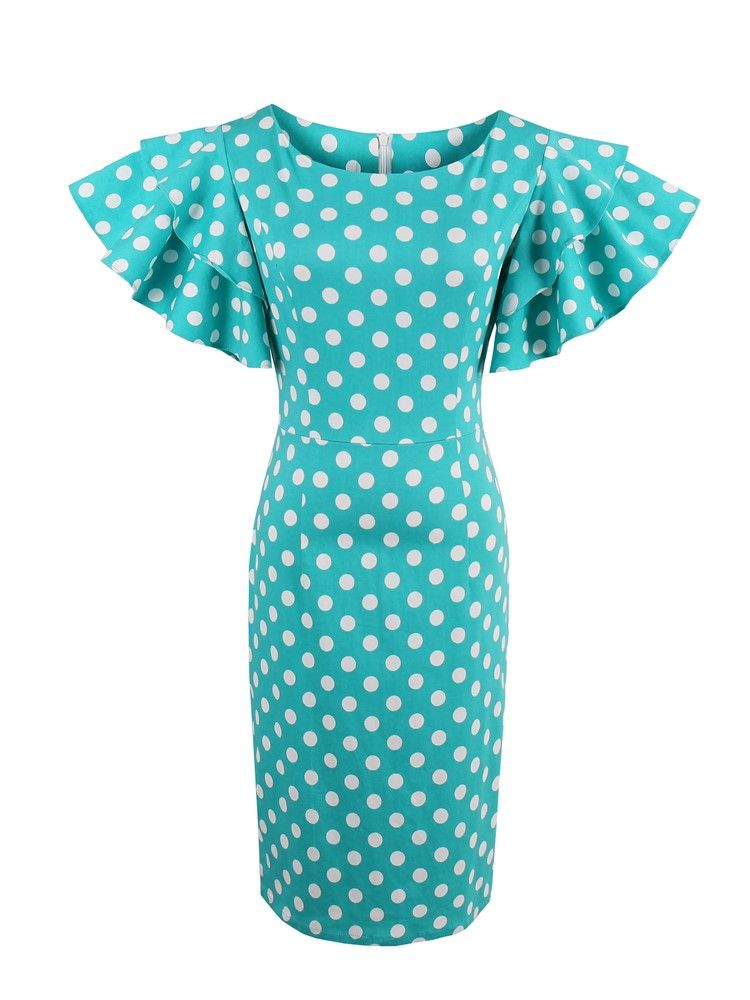 Kvinder Polka Dots Petal Ærme Knælang Bodycon Kjole