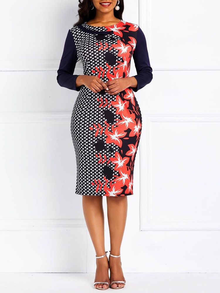 Kvinder Rund Halsudskæring Knælang Floral Houndstooth Print Bodycon Kjole