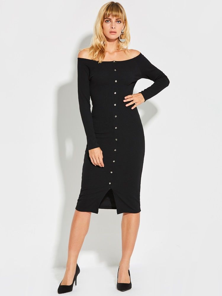 Kvinder Slash Neck Button Plain Bodycon Kjole