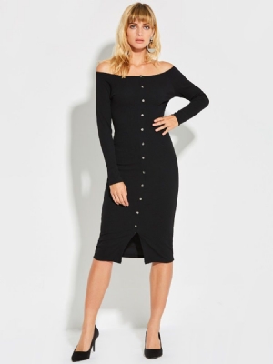 Kvinder Slash Neck Button Plain Bodycon Kjole