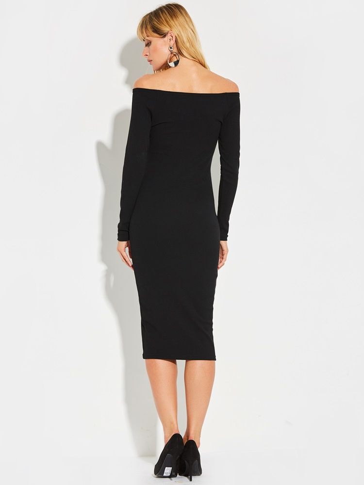 Kvinder Slash Neck Button Plain Bodycon Kjole