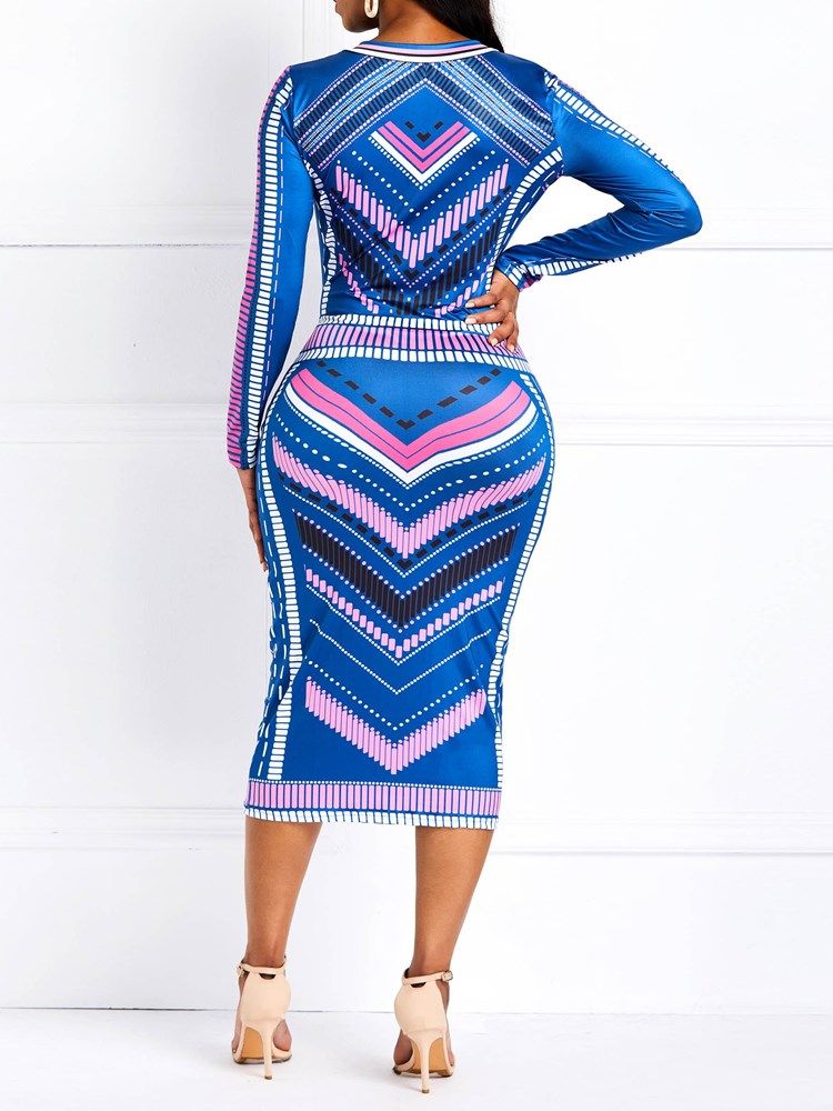 Kvinders Ankara Print Lange Ærmer Bodycon Kjole