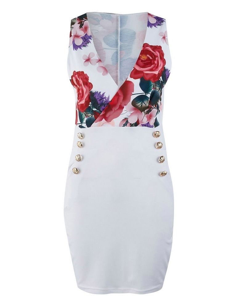 Kvinders Bodycon Floral Patchwork Pocket V-neck Over Dress