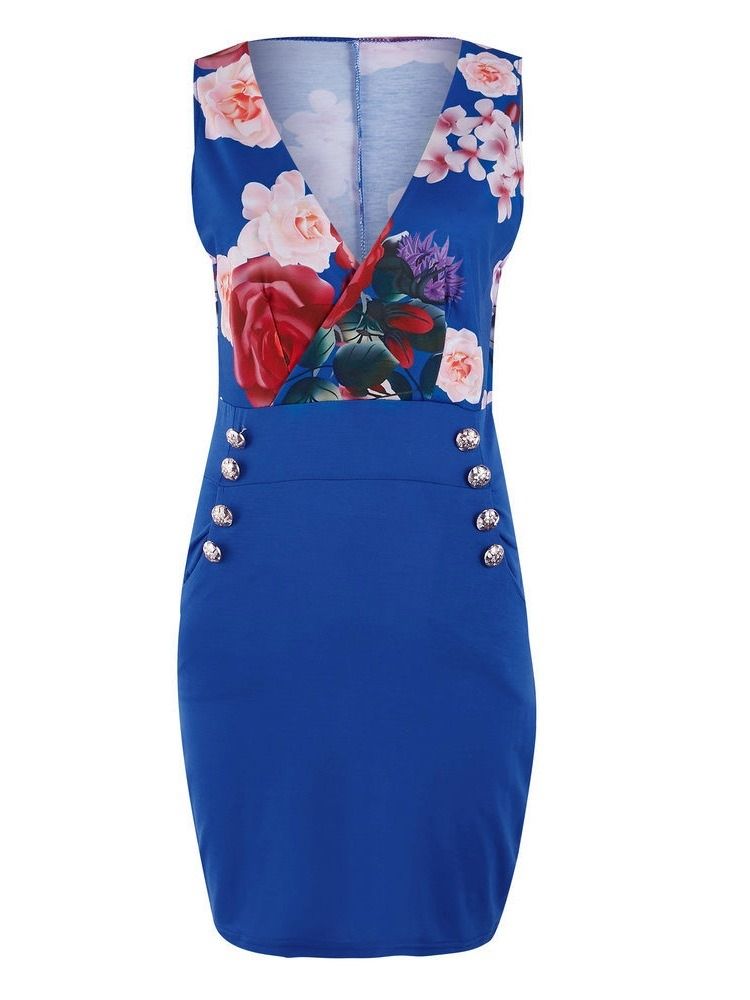 Kvinders Bodycon Floral Patchwork Pocket V-neck Over Dress