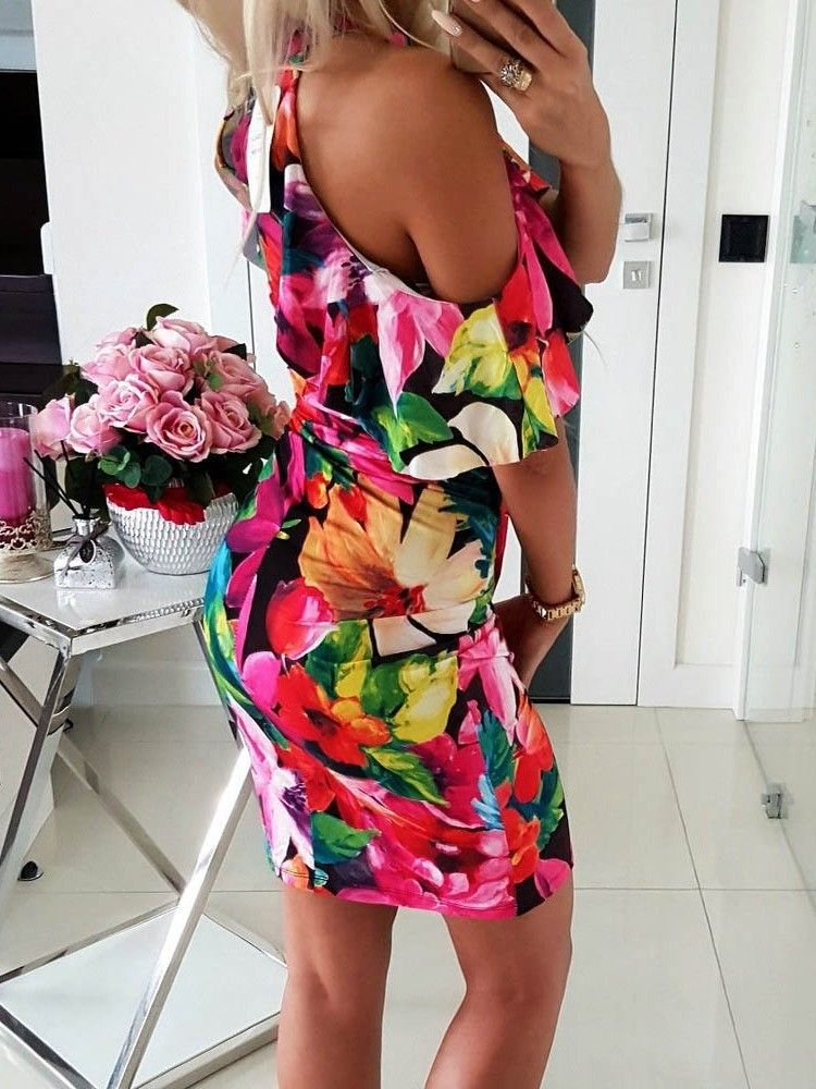 Kvinders Bodycon Floral Print Kold Skulder Over Knæ Kjole