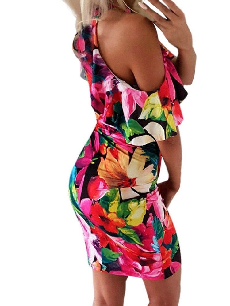 Kvinders Bodycon Floral Print Kold Skulder Over Knæ Kjole