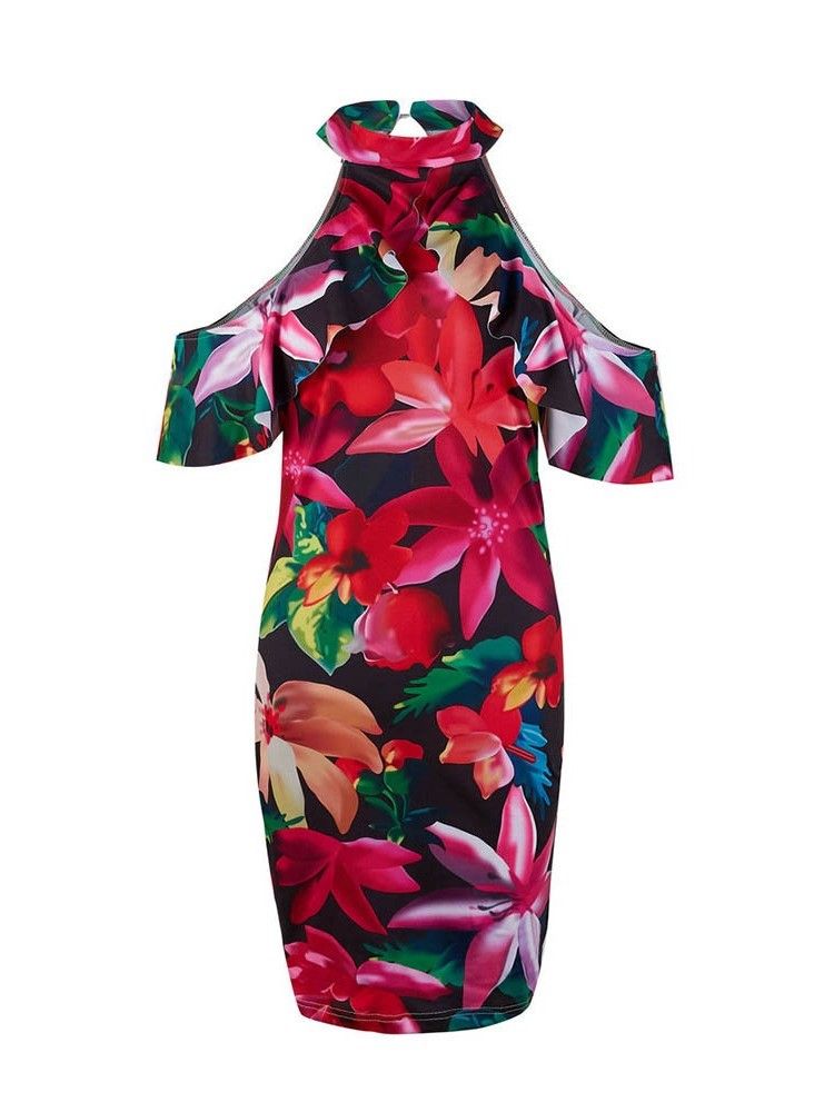 Kvinders Bodycon Floral Print Kold Skulder Over Knæ Kjole