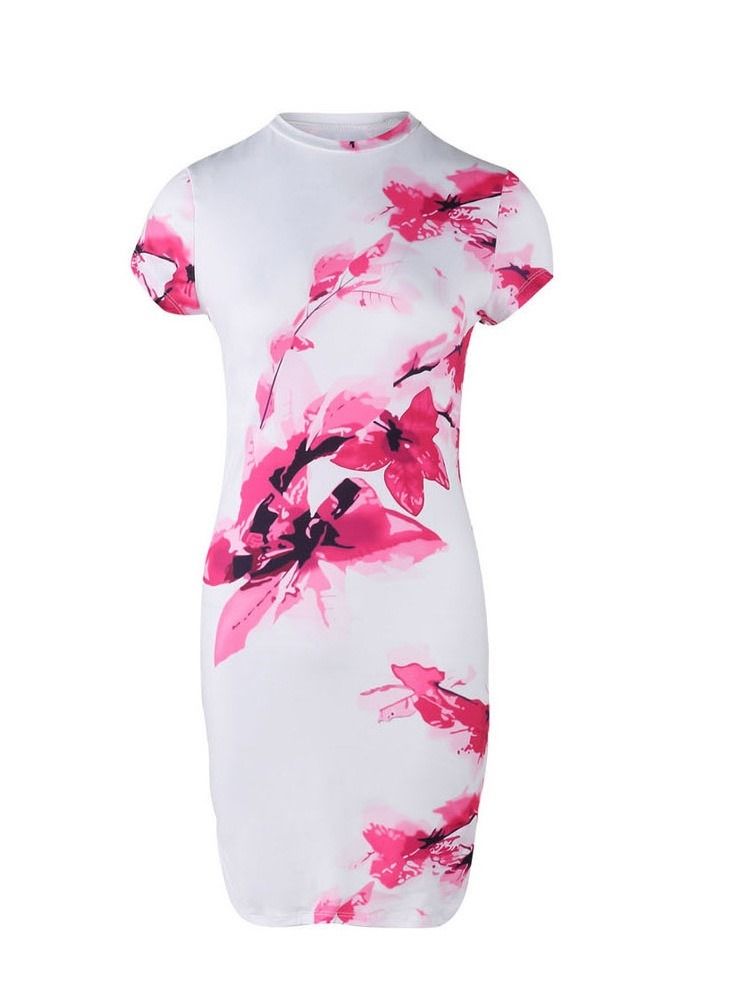 Kvinders Bodycon Over Blomsterprint Knæ Rund Hals Midje Sommerkjole